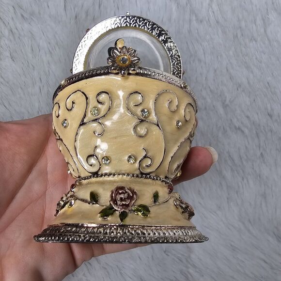 Enamel on Metal Cut Crystal Jeweled Egg Shaped Music Box Bride And Groom Gift - Picture 4 of 10